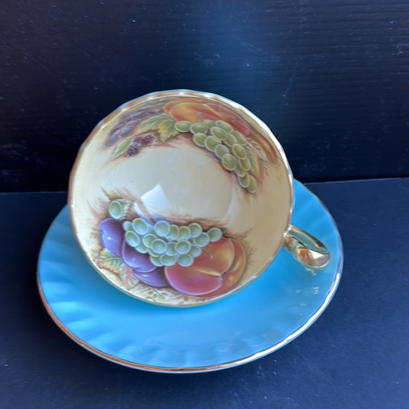 Aynsley England Turquoise Orchard Fruit Gold Trim Tea Cup and Saucer Set EUC - Picture 7 of 11